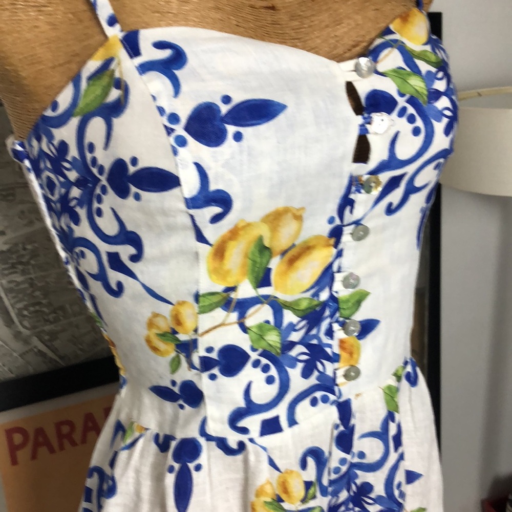 Mogador Ana Capri  Linen White Lemon-Print Midi Dress Size S - Picture 2 of 11